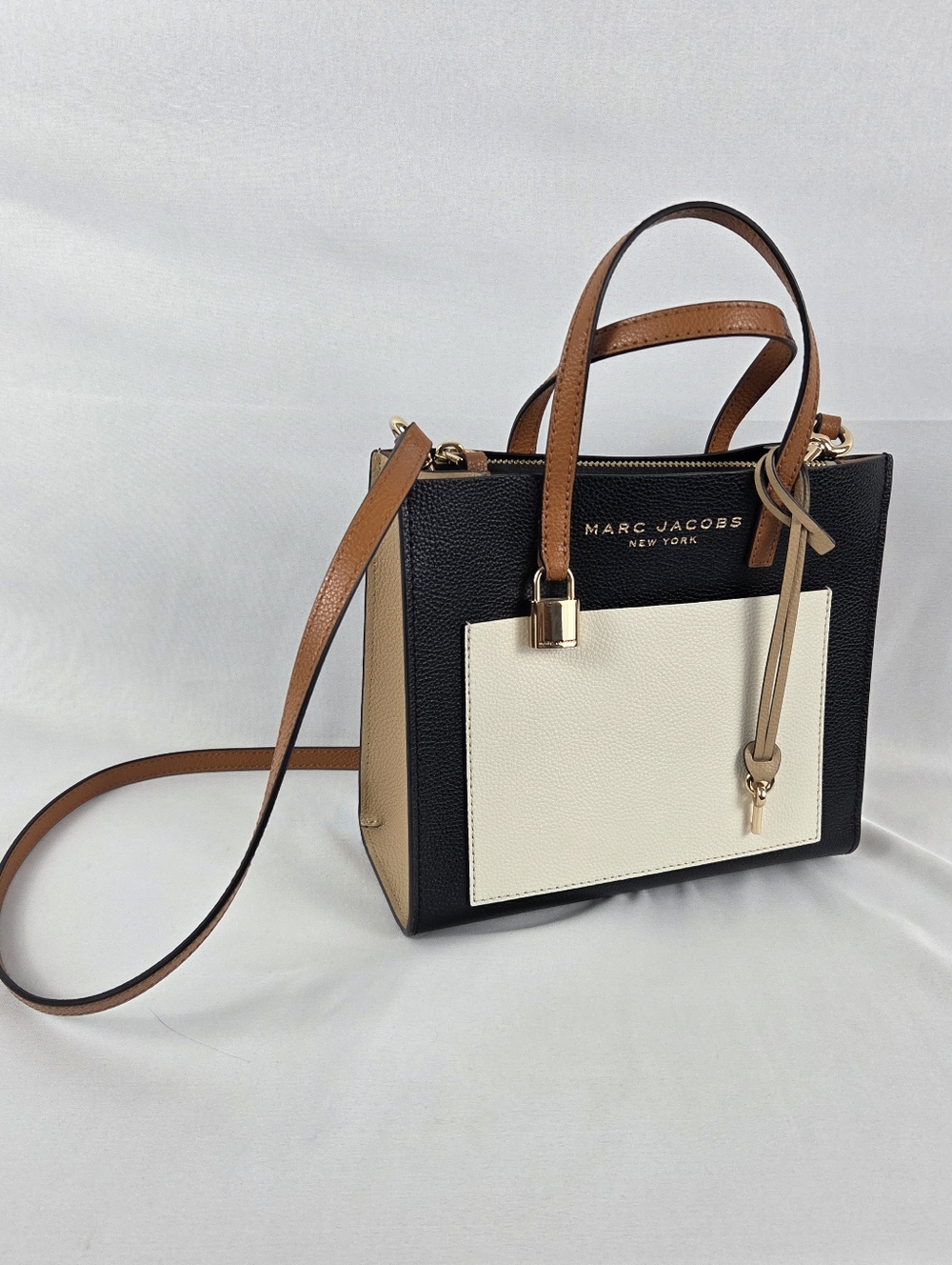 Marc Jacobs Black, White & Tan Pebbled Leather Satchel Tote Crossbody - Picture 5 of 10